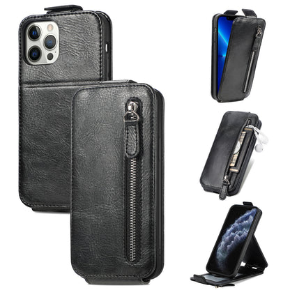 iPhone 12 Pro Zipper Wallet Case - Vertical Flip Leather Phone Cover with Multiple Card Slots and Stand