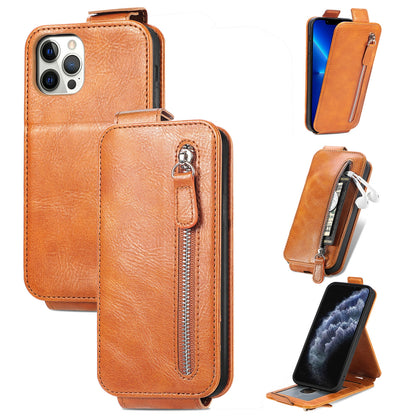 iPhone 12 Zipper Wallet Case - Vertical Flip Leather Phone Cover with Multiple Card Slots and Stand