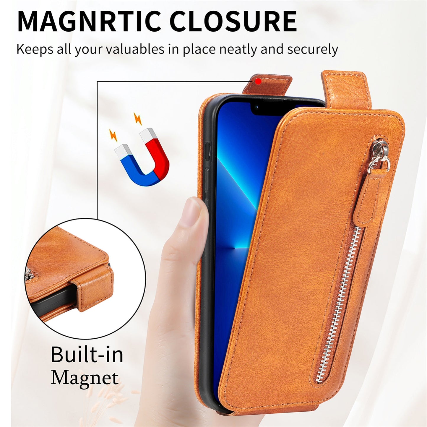 iPhone 12 Zipper Wallet Case - Vertical Flip Leather Phone Cover with Multiple Card Slots and Stand