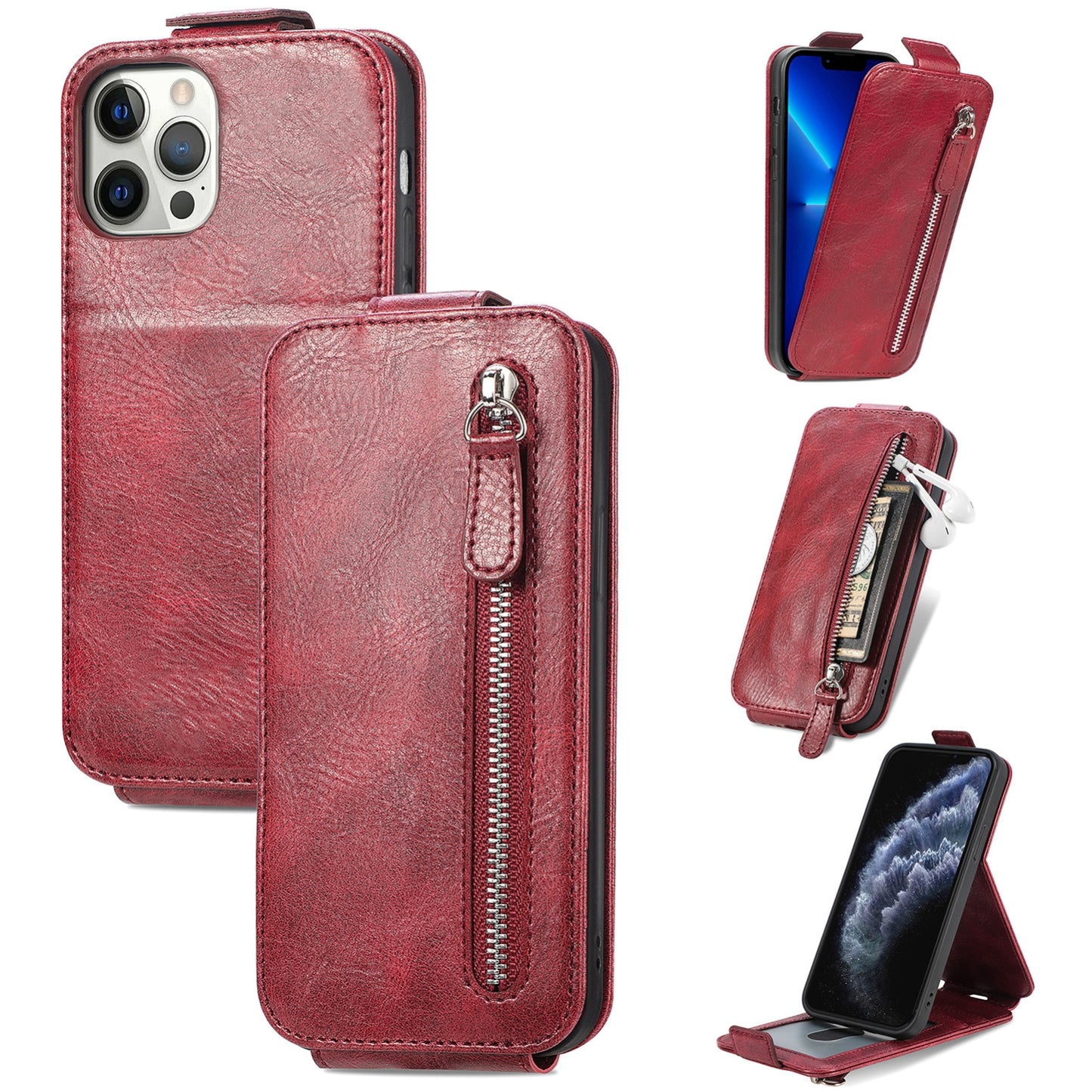 iPhone 12 Zipper Wallet Case - Vertical Flip Leather Phone Cover with Multiple Card Slots and Stand