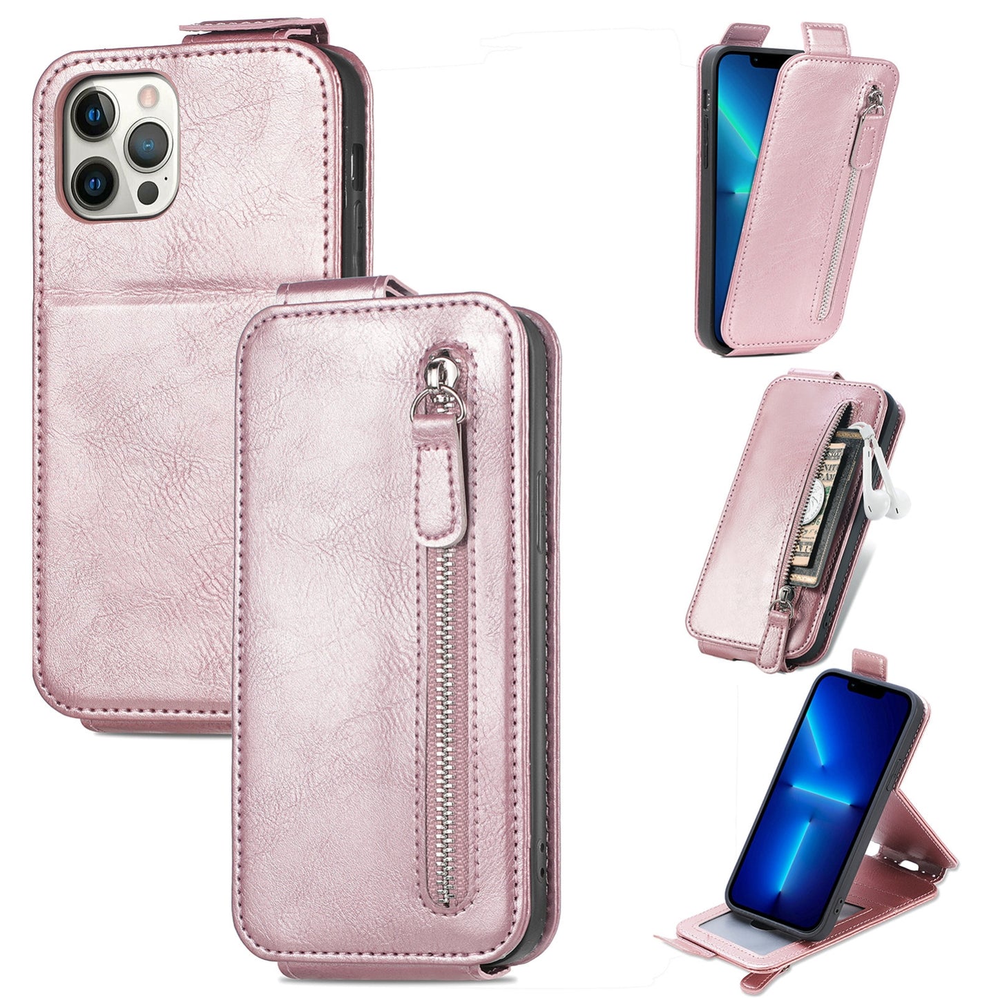 iPhone 12 Zipper Wallet Case - Vertical Flip Leather Phone Cover with Multiple Card Slots and Stand