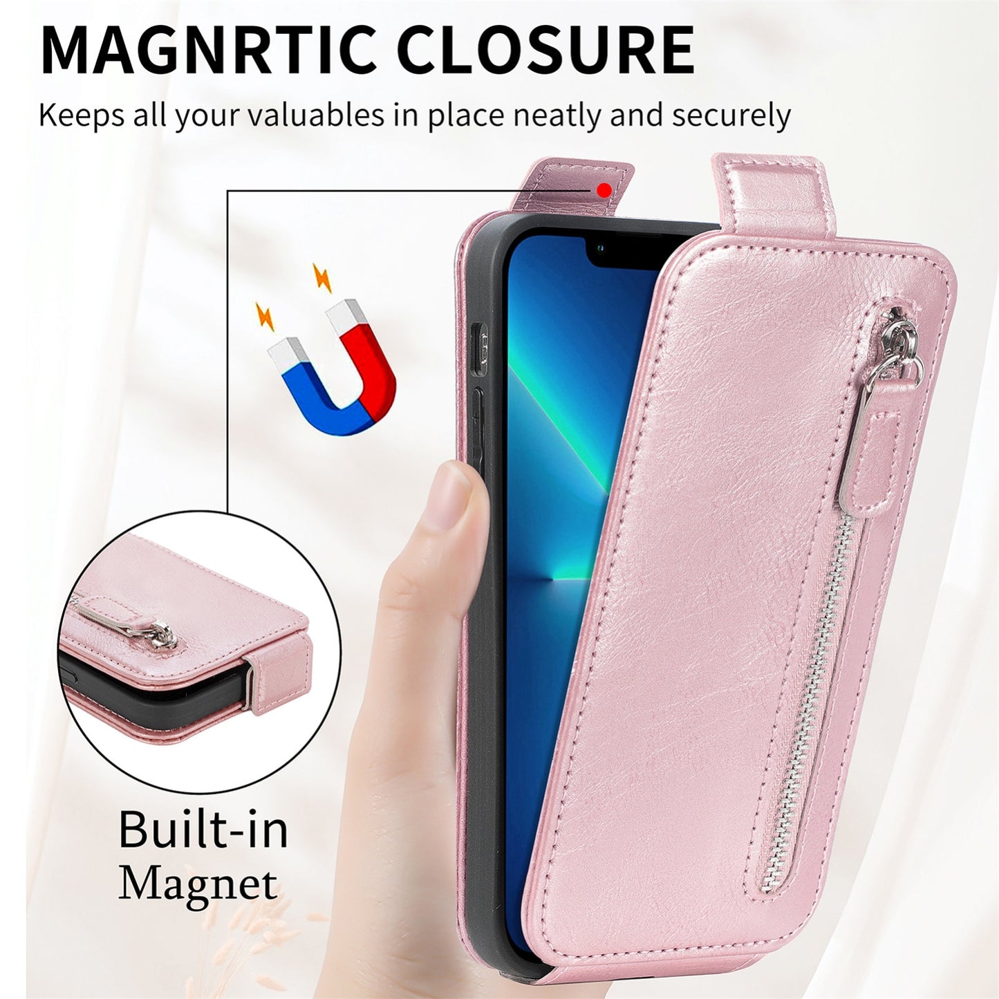 iPhone 12 Zipper Wallet Case - Vertical Flip Leather Phone Cover with Multiple Card Slots and Stand