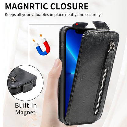 iPhone 12 Pro Max Zipper Wallet Case - Vertical Flip Leather Phone Cover with Multiple Card Slots and Stand