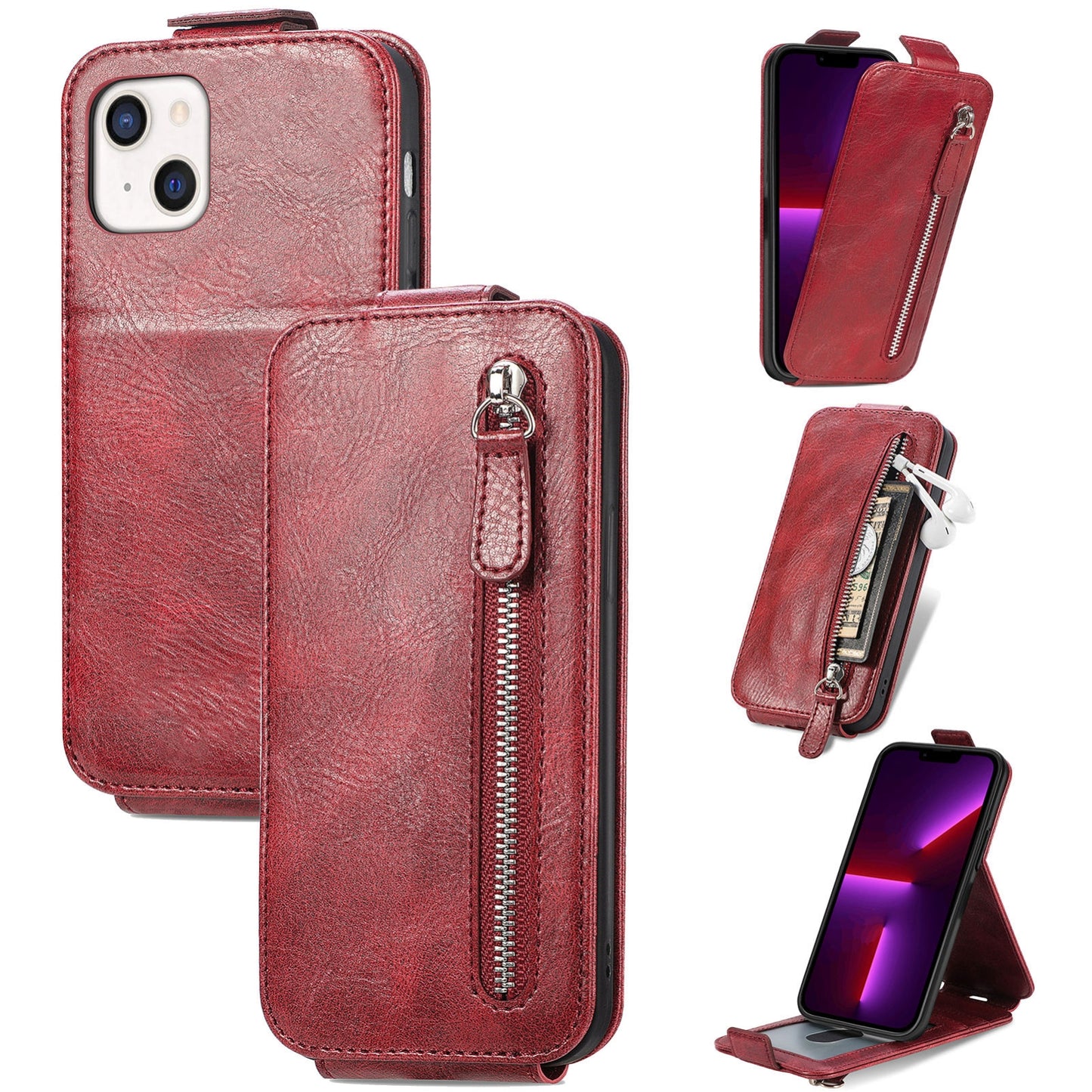 iPhone 11 Zipper Wallet Case - Vertical Flip Leather Phone Cover with Multiple Card Slots and Stand