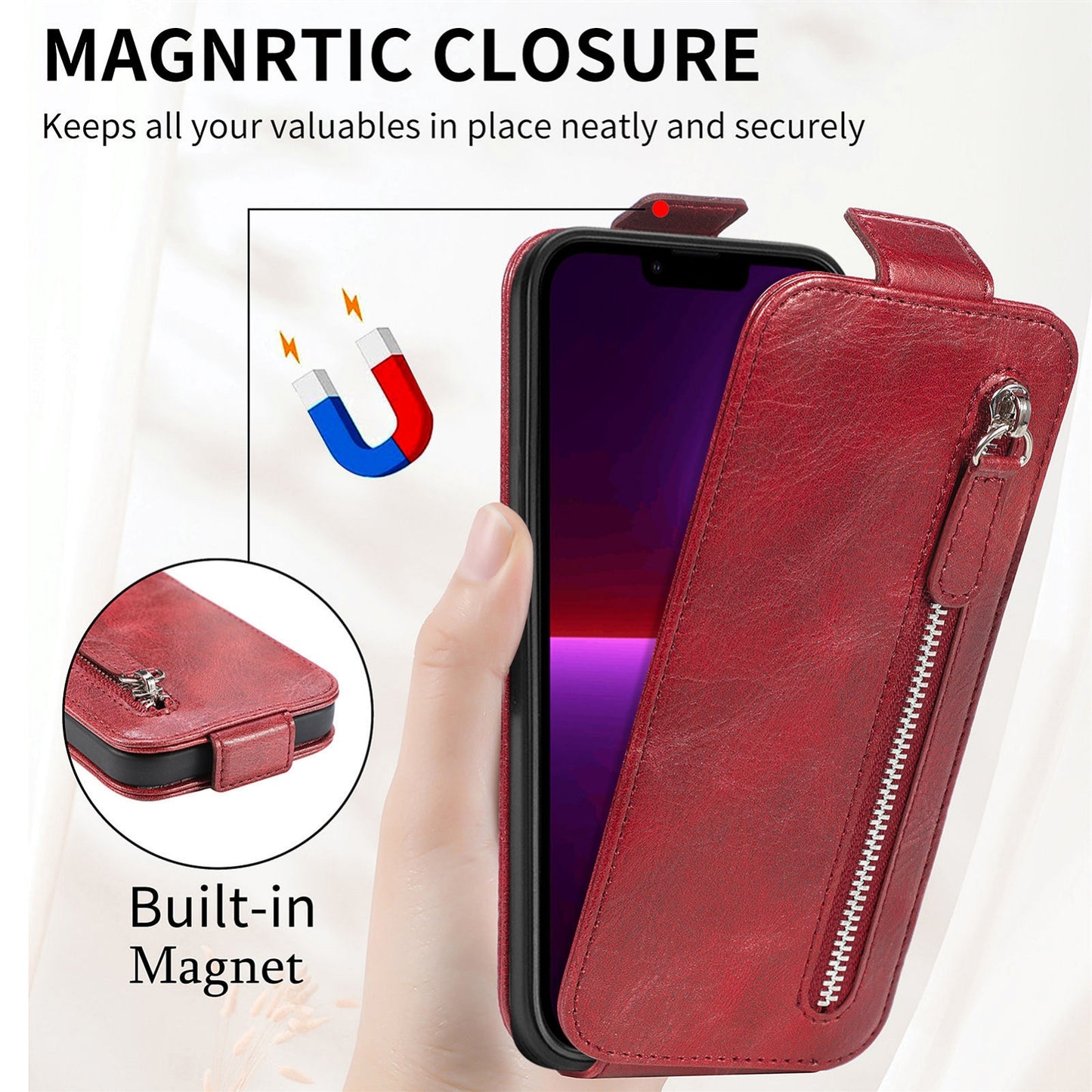 iPhone 11 Zipper Wallet Case - Vertical Flip Leather Phone Cover with Multiple Card Slots and Stand