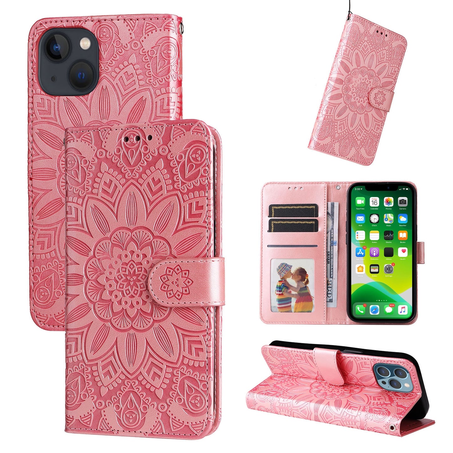 iPhone 13 mini Sunflower Embossed Leather Wallet Phone Case with Kickstand and Card Holder