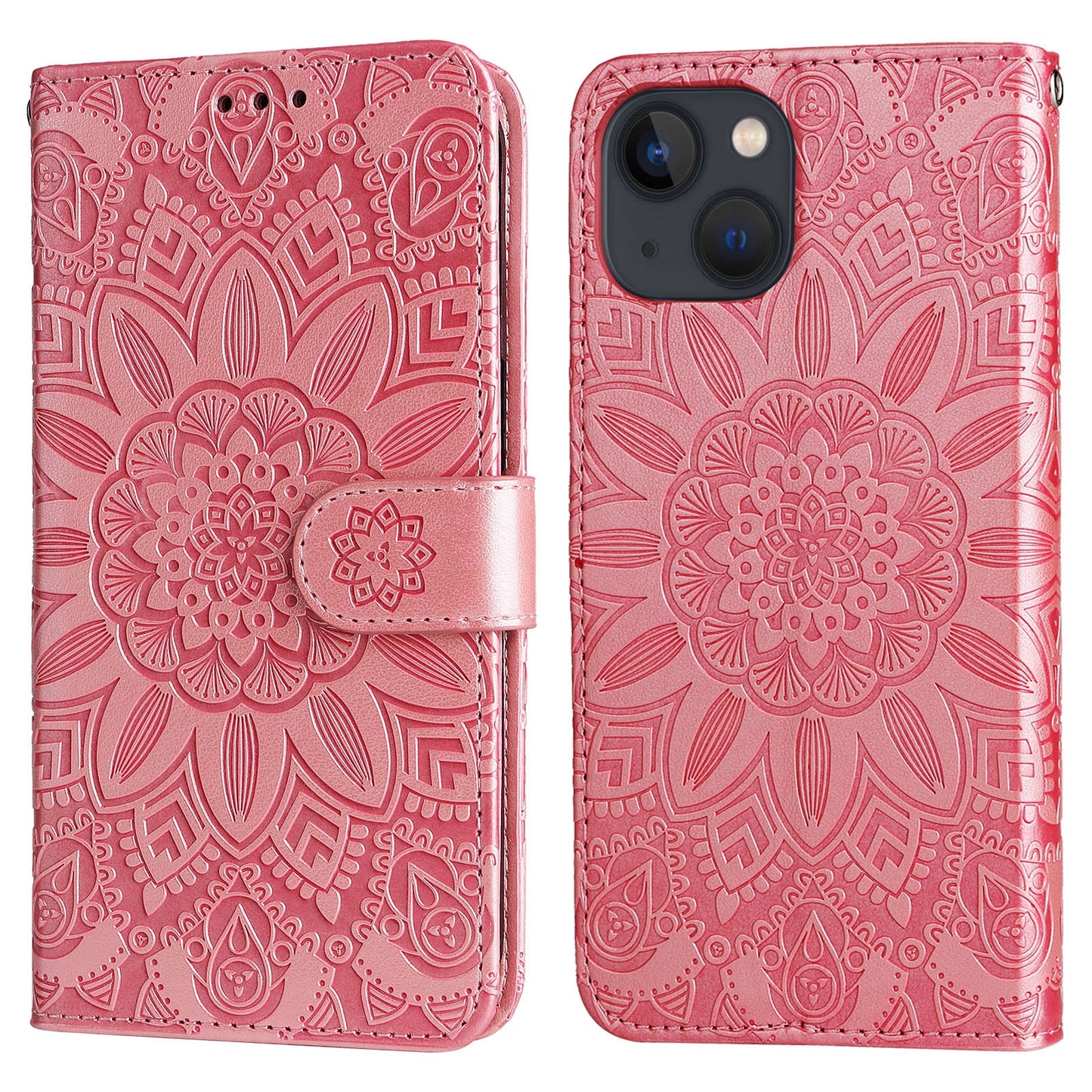 iPhone 13 mini Sunflower Embossed Leather Wallet Phone Case with Kickstand and Card Holder