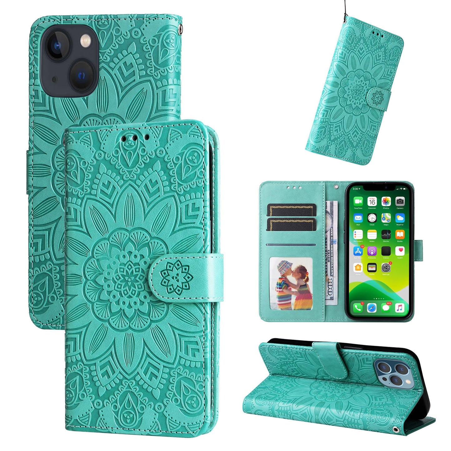 iPhone 13 mini Sunflower Embossed Leather Wallet Phone Case with Kickstand and Card Holder