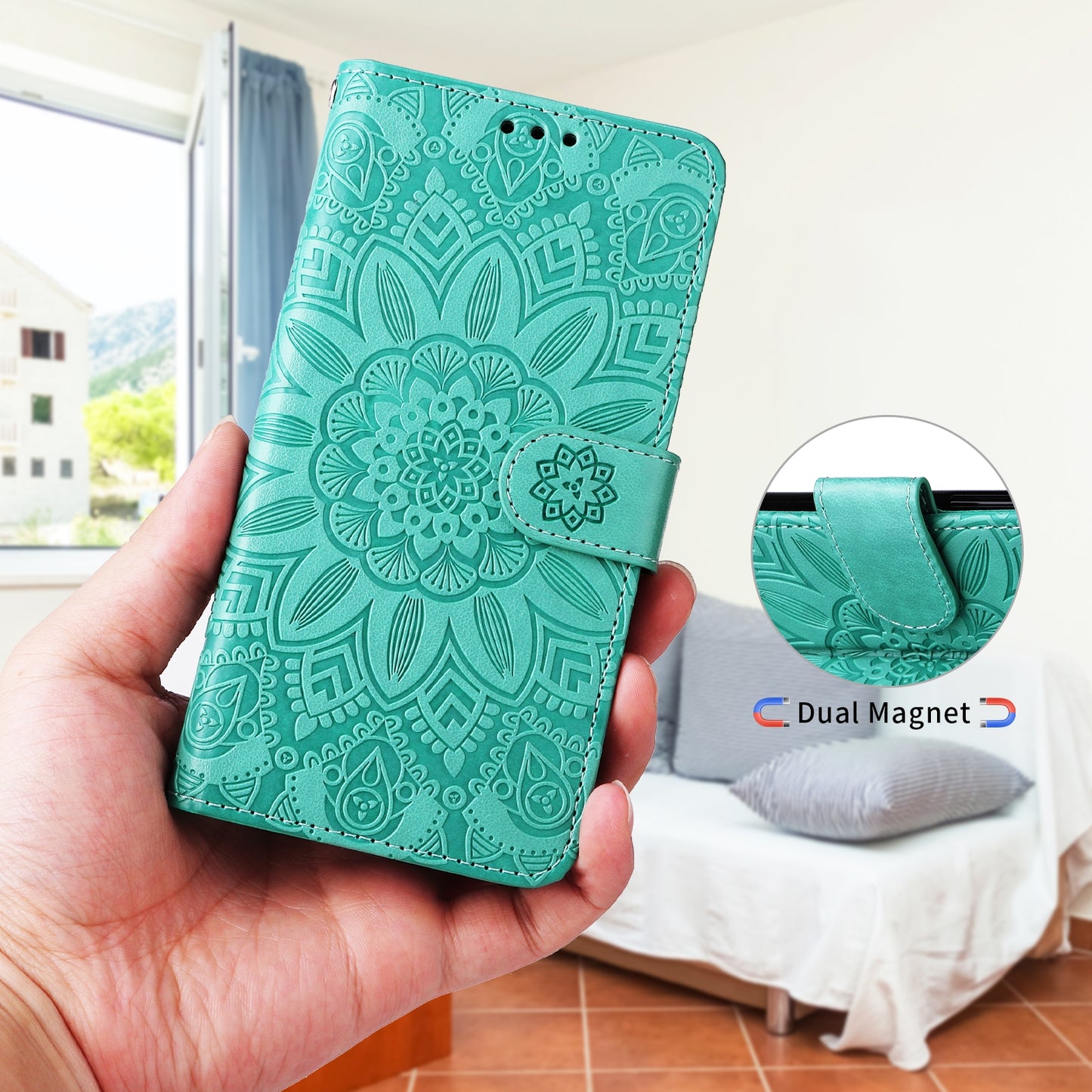 iPhone 13 mini Sunflower Embossed Leather Wallet Phone Case with Kickstand and Card Holder