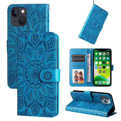 iPhone 13 mini Sunflower Embossed Leather Wallet Phone Case with Kickstand and Card Holder