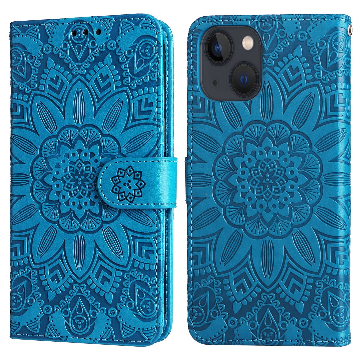 iPhone 13 mini Sunflower Embossed Leather Wallet Phone Case with Kickstand and Card Holder