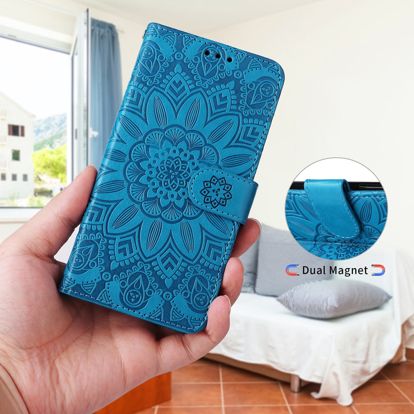 iPhone 13 mini Sunflower Embossed Leather Wallet Phone Case with Kickstand and Card Holder