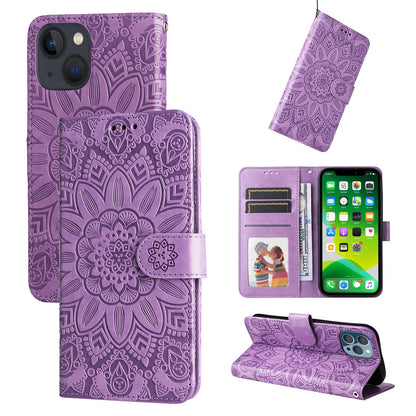 iPhone 13 mini Sunflower Embossed Leather Wallet Phone Case with Kickstand and Card Holder