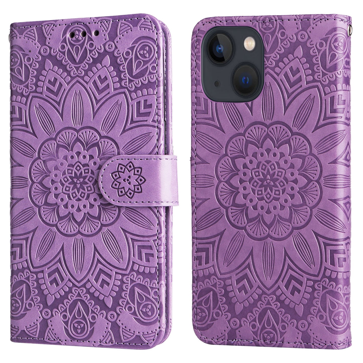 iPhone 13 mini Sunflower Embossed Leather Wallet Phone Case with Kickstand and Card Holder