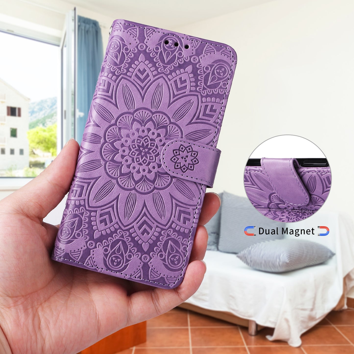 iPhone 13 mini Sunflower Embossed Leather Wallet Phone Case with Kickstand and Card Holder