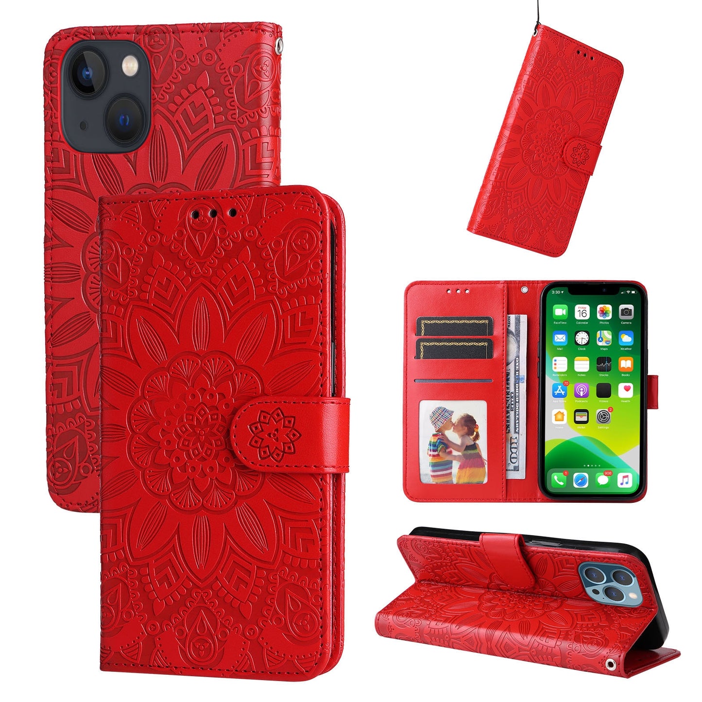 iPhone 13 mini Sunflower Embossed Leather Wallet Phone Case with Kickstand and Card Holder