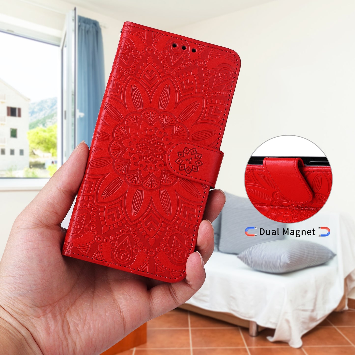 iPhone 13 mini Sunflower Embossed Leather Wallet Phone Case with Kickstand and Card Holder