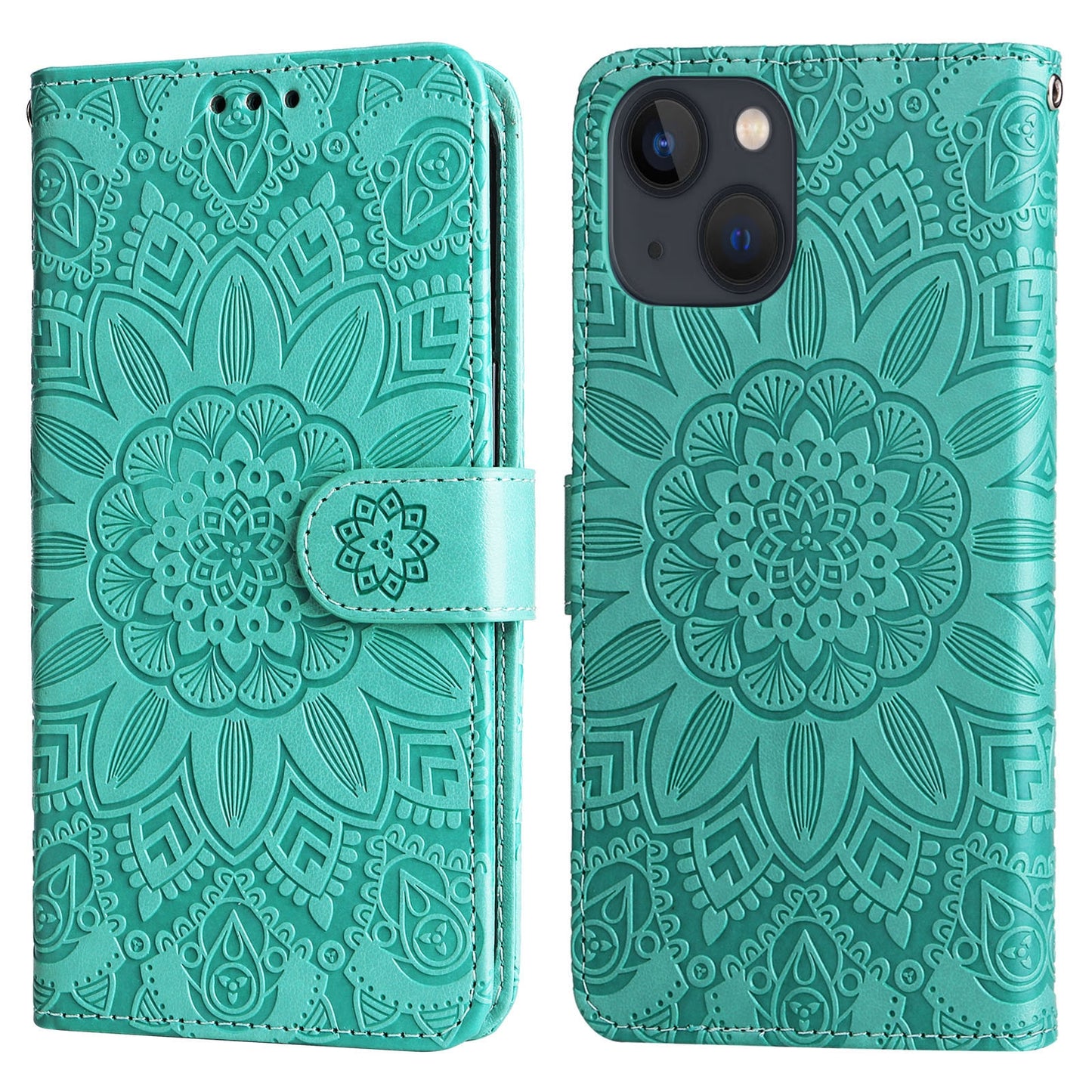 iPhone 13 Sunflower Embossed Leather Wallet Phone Case with Kickstand and Card Holder