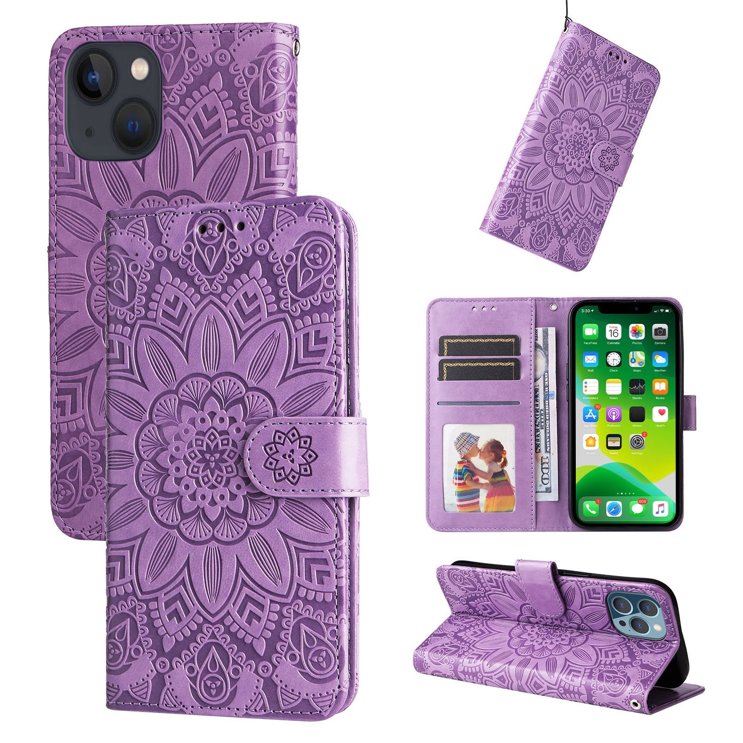 iPhone 13 Sunflower Embossed Leather Wallet Phone Case with Kickstand and Card Holder