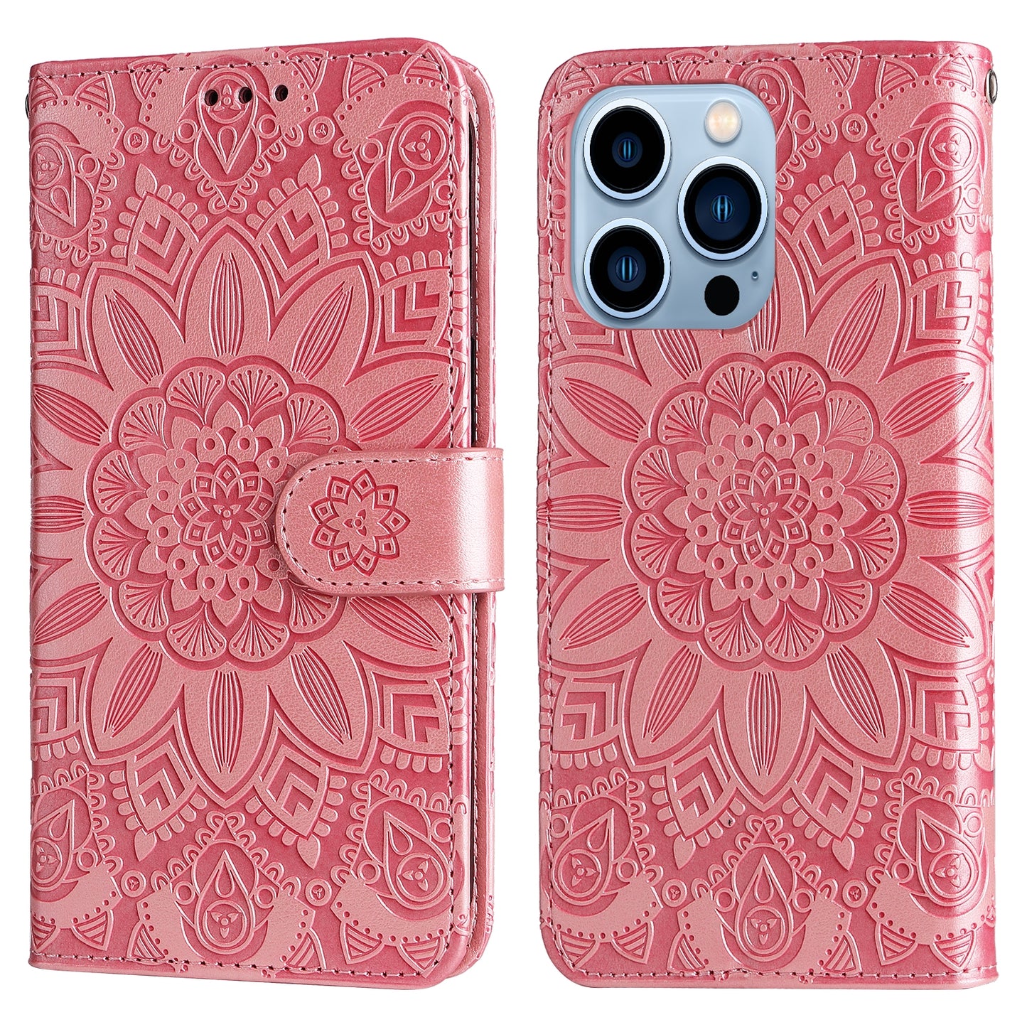 iPhone 13 Pro Sunflower Embossed Leather Wallet Phone Case with Kickstand and Card Holder