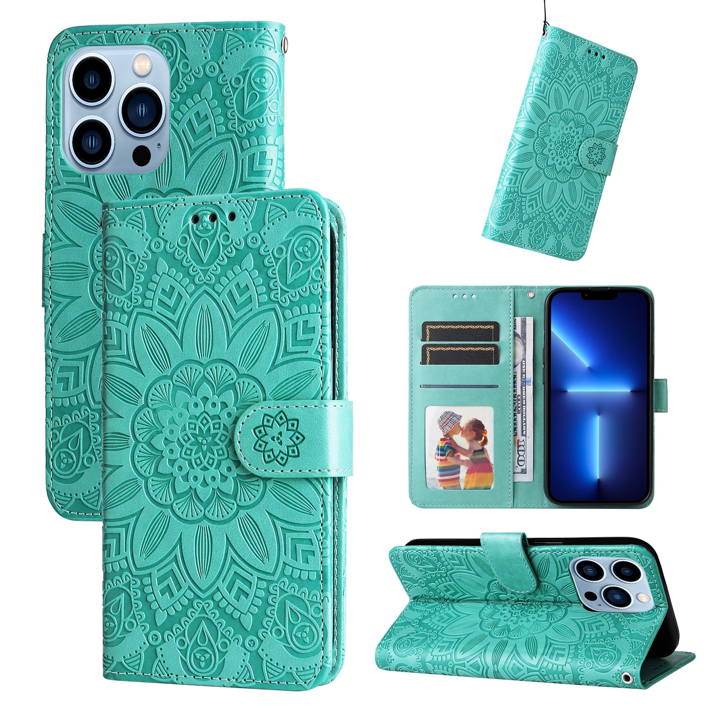 iPhone 13 Pro Sunflower Embossed Leather Wallet Phone Case with Kickstand and Card Holder