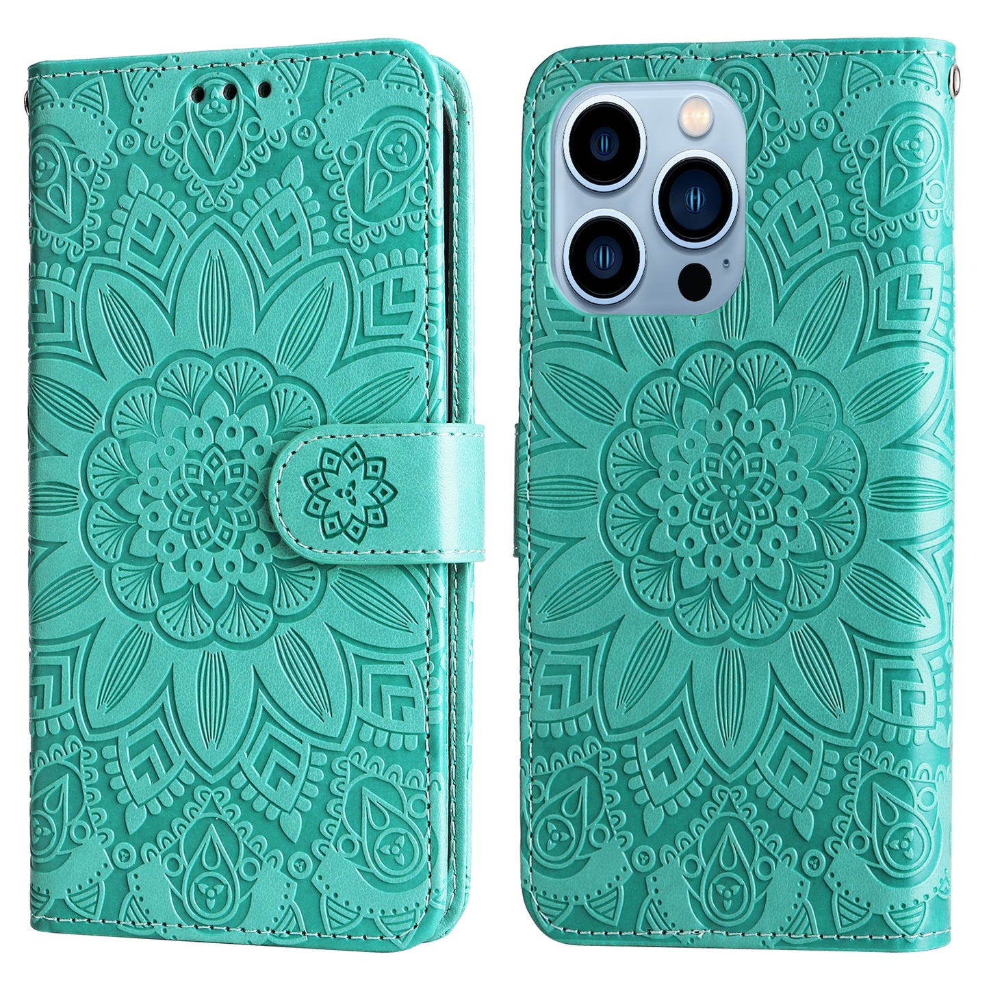 iPhone 13 Pro Sunflower Embossed Leather Wallet Phone Case with Kickstand and Card Holder