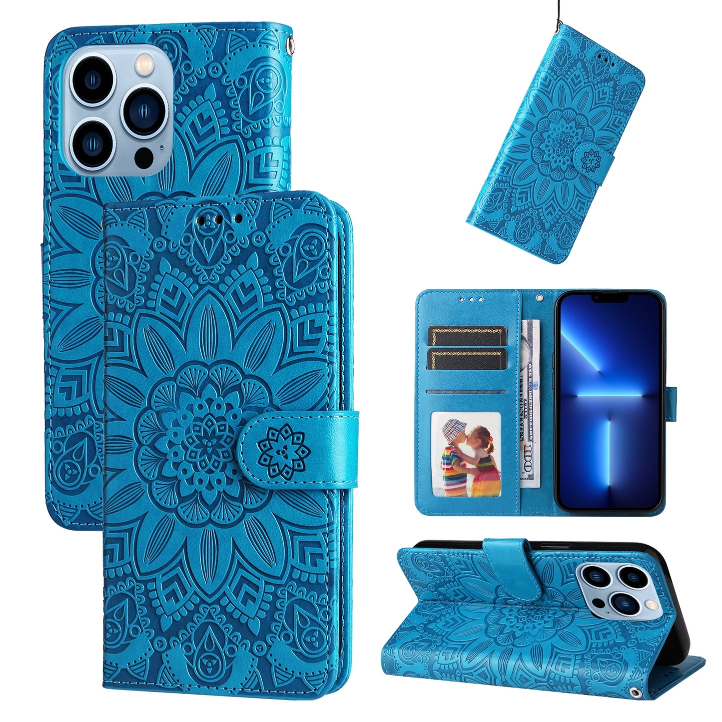 iPhone 13 Pro Sunflower Embossed Leather Wallet Phone Case with Kickstand and Card Holder