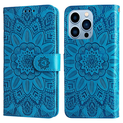 iPhone 13 Pro Sunflower Embossed Leather Wallet Phone Case with Kickstand and Card Holder