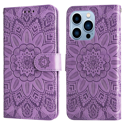 iPhone 13 Pro Sunflower Embossed Leather Wallet Phone Case with Kickstand and Card Holder