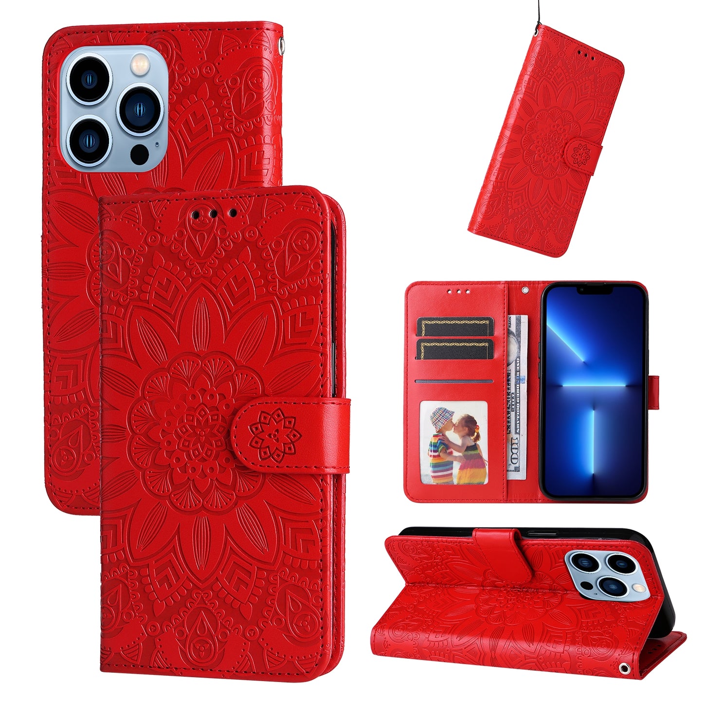 iPhone 13 Pro Sunflower Embossed Leather Wallet Phone Case with Kickstand and Card Holder