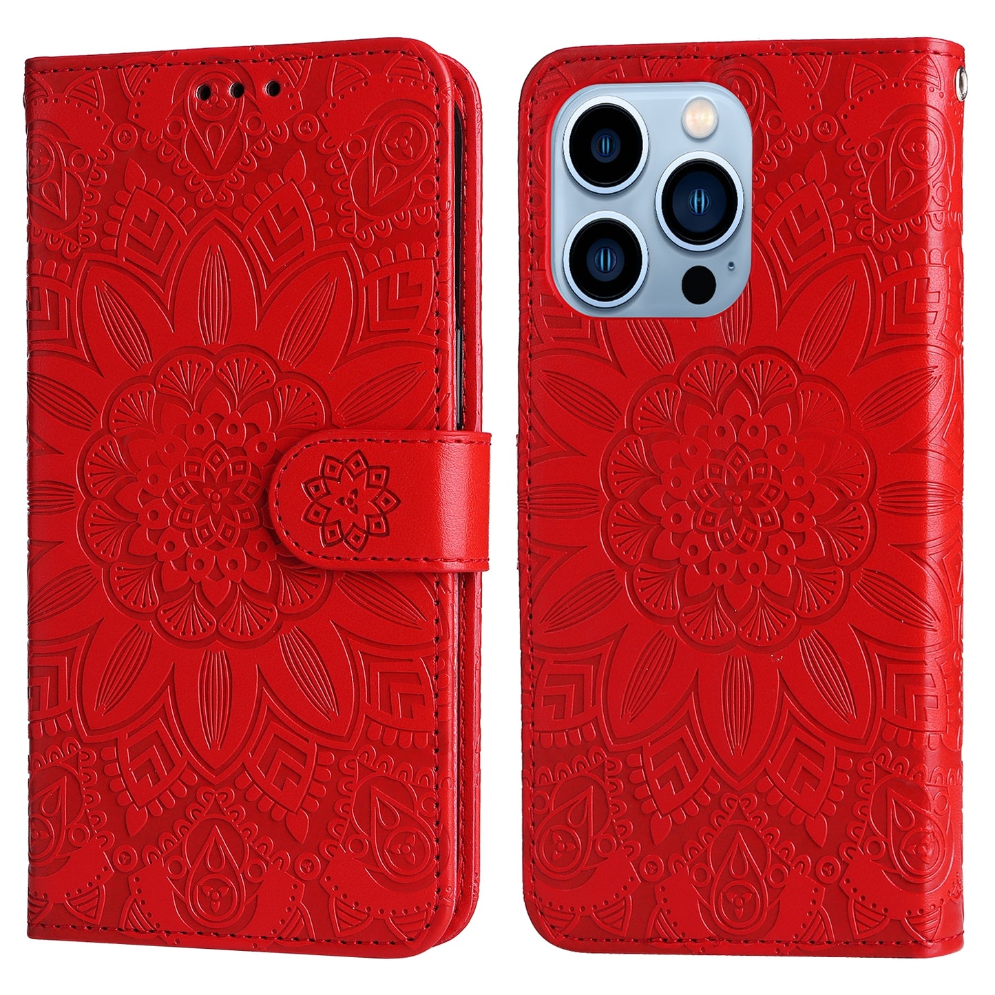 iPhone 13 Pro Sunflower Embossed Leather Wallet Phone Case with Kickstand and Card Holder