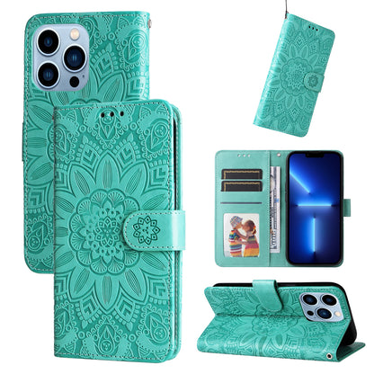 iPhone 13 Pro Max Sunflower Embossed Leather Wallet Phone Case with Kickstand and Card Holder