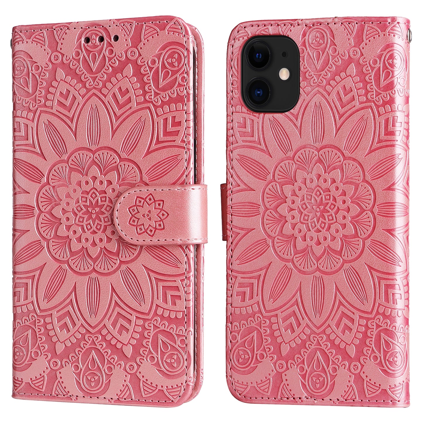iPhone 12 mini Sunflower Embossed Leather Wallet Phone Case with Kickstand and Card Holder