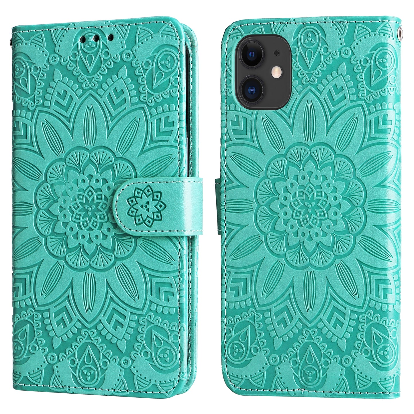 iPhone 12 mini Sunflower Embossed Leather Wallet Phone Case with Kickstand and Card Holder