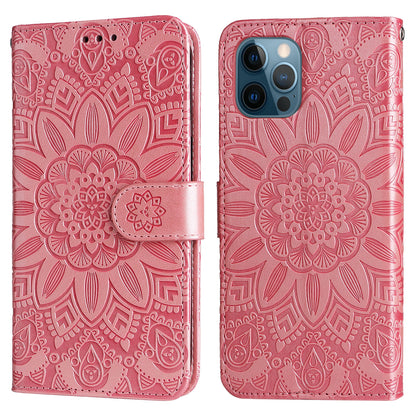 iPhone 12 Sunflower Embossed Leather Wallet Phone Case with Kickstand and Card Holder