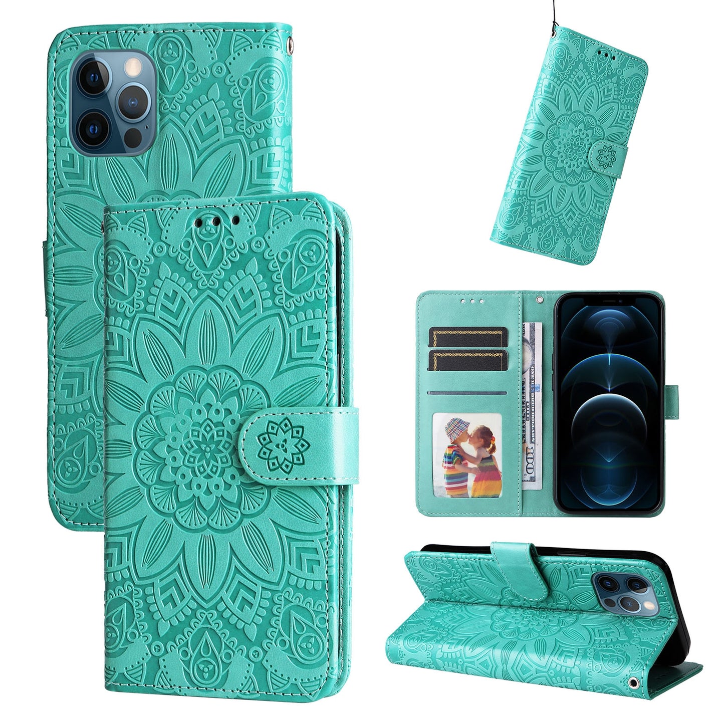 iPhone 12 Sunflower Embossed Leather Wallet Phone Case with Kickstand and Card Holder