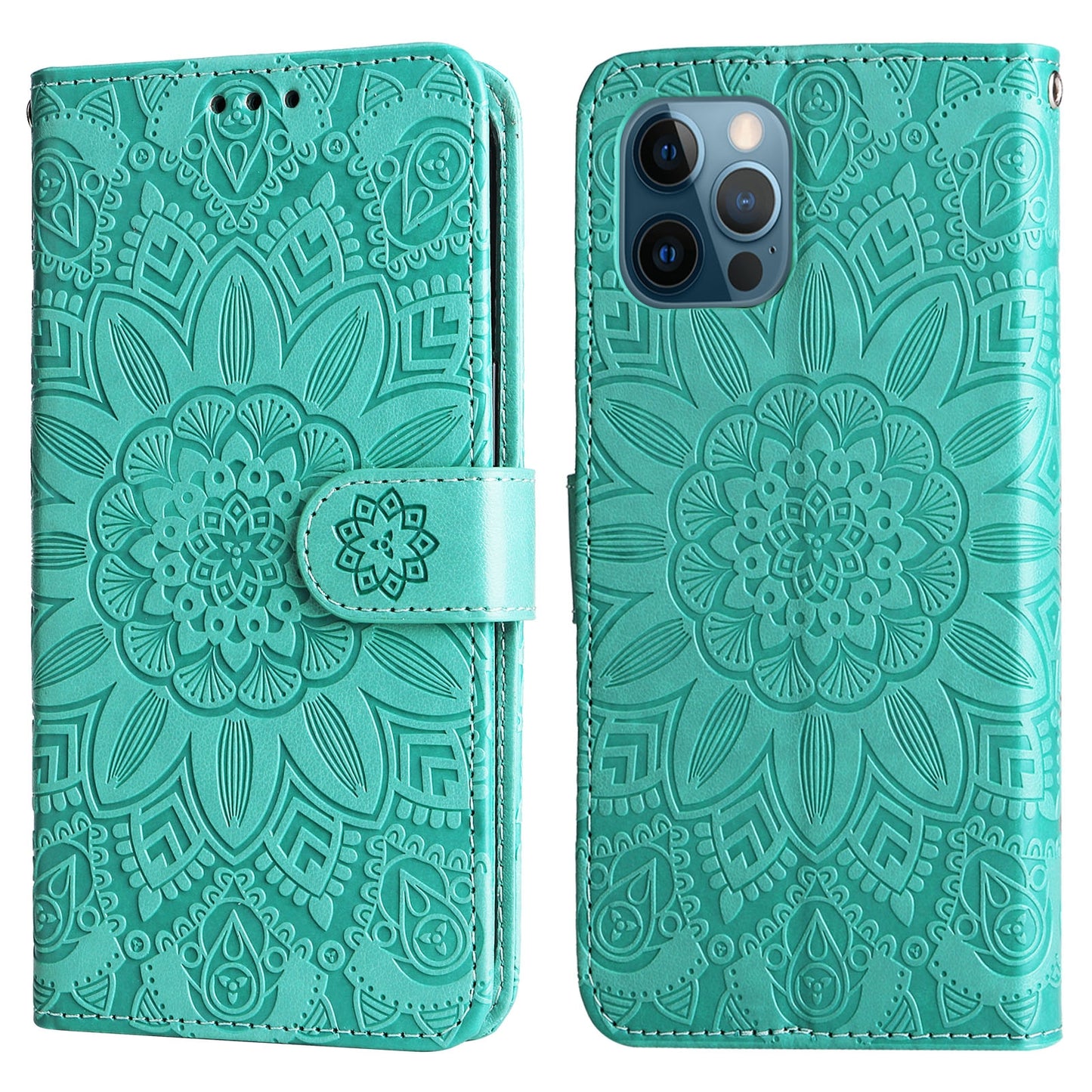 iPhone 12 Sunflower Embossed Leather Wallet Phone Case with Kickstand and Card Holder