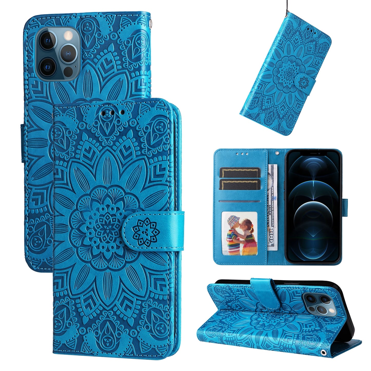 iPhone 12 Sunflower Embossed Leather Wallet Phone Case with Kickstand and Card Holder