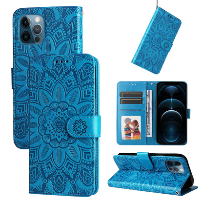 iPhone 12 Pro Sunflower Embossed Leather Wallet Phone Case with Kickstand and Card Holder