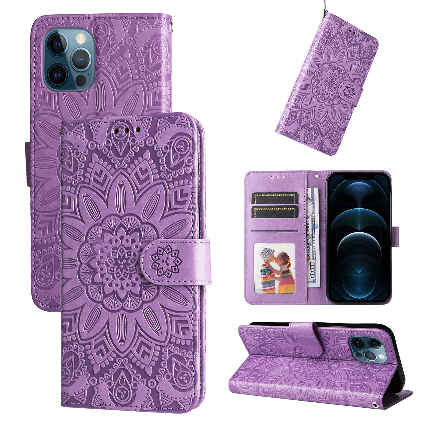 iPhone 12 Sunflower Embossed Leather Wallet Phone Case with Kickstand and Card Holder