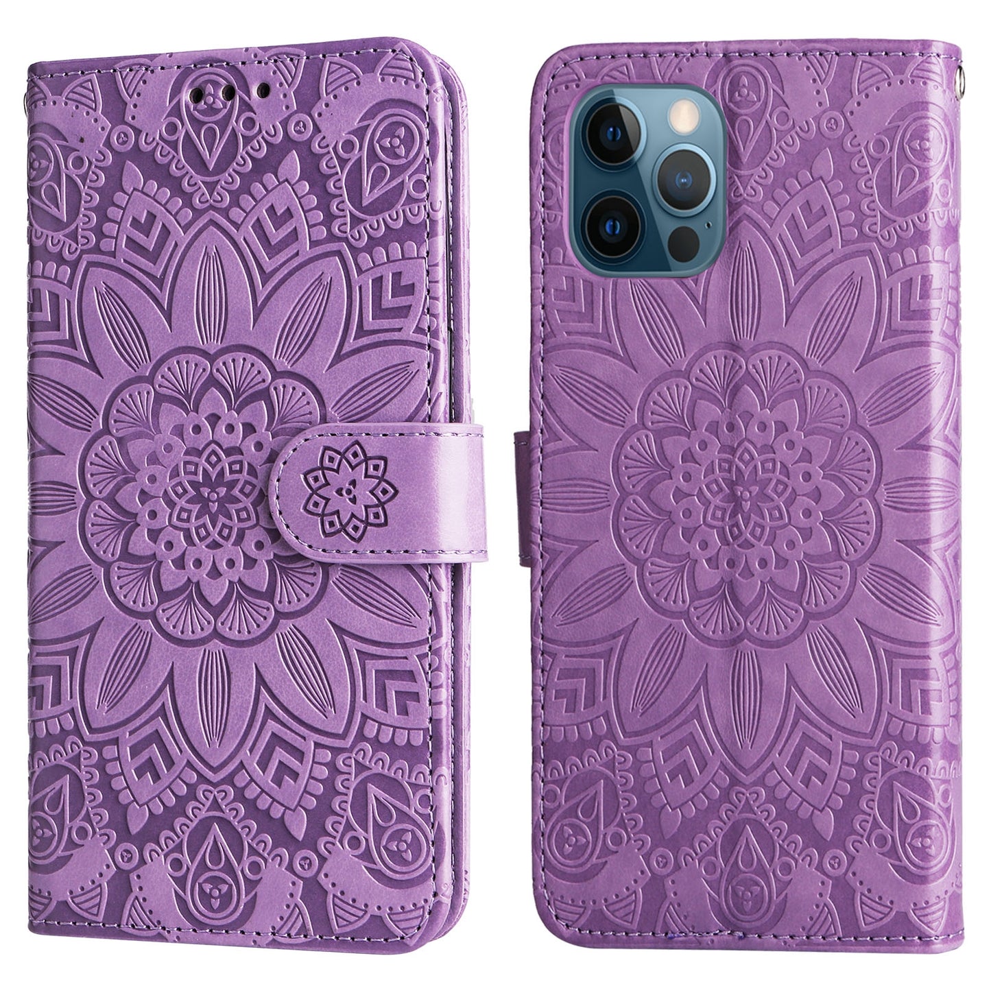 iPhone 12 Sunflower Embossed Leather Wallet Phone Case with Kickstand and Card Holder