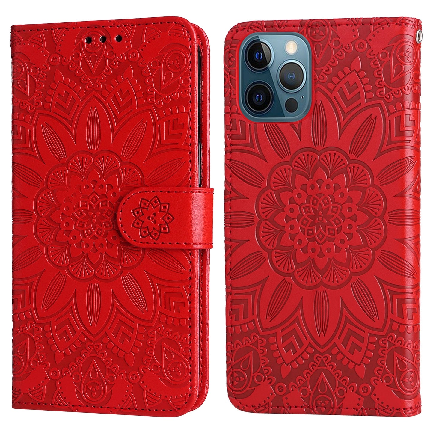 iPhone 12 Sunflower Embossed Leather Wallet Phone Case with Kickstand and Card Holder