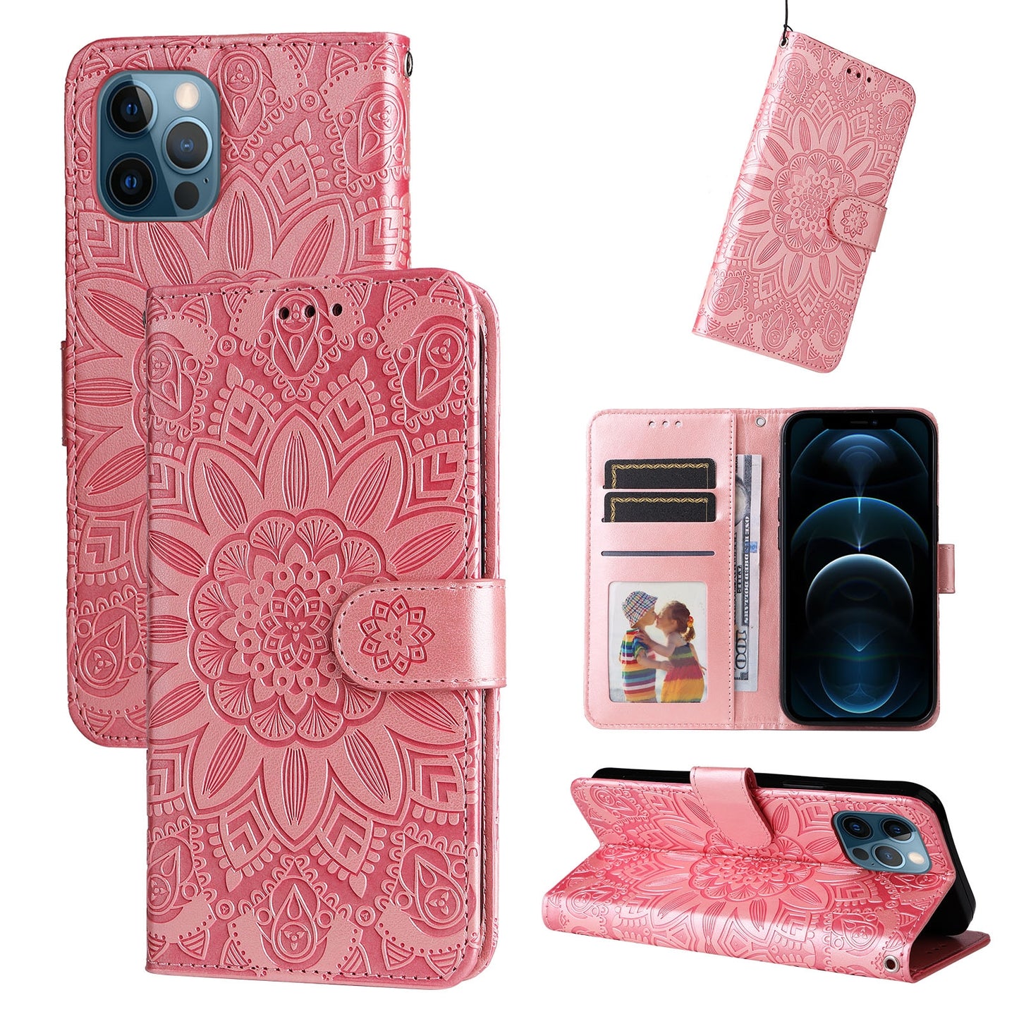 iPhone 12 Pro Max Sunflower Embossed Leather Wallet Phone Case with Kickstand and Card Holder