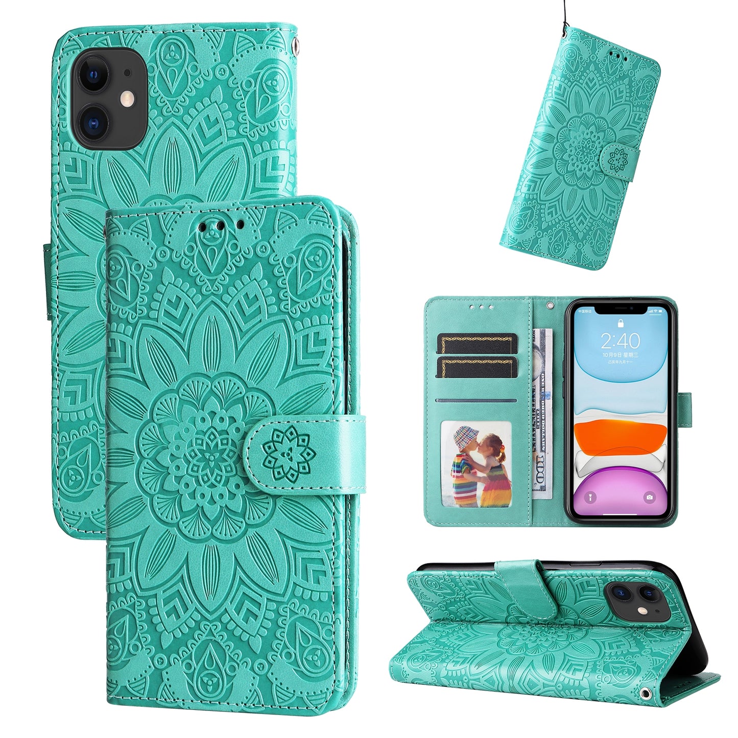 iPhone 11 Sunflower Embossed Leather Wallet Phone Case with Kickstand and Card Holder