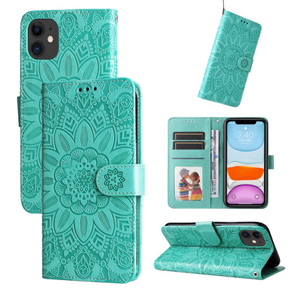 iPhone 11 Sunflower Embossed Leather Wallet Phone Case with Kickstand and Card Holder