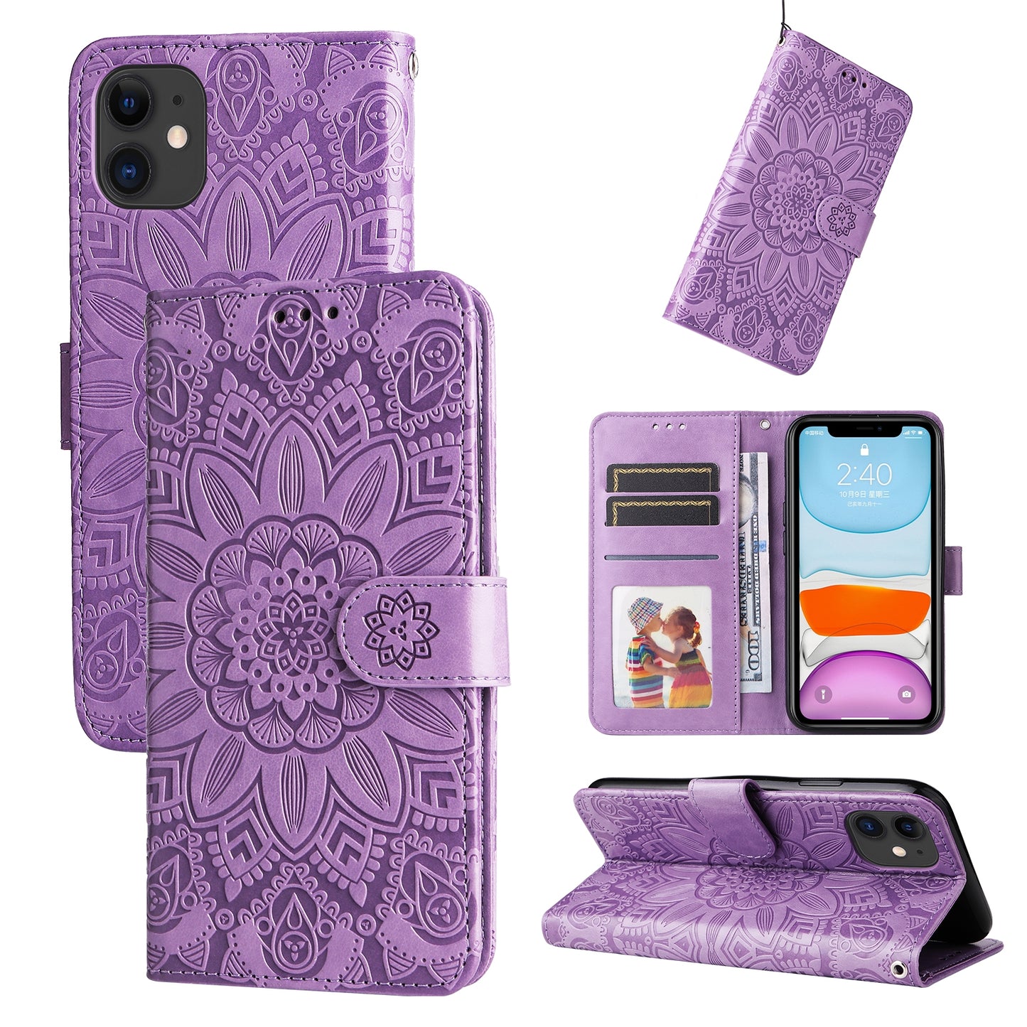 iPhone 11 Sunflower Embossed Leather Wallet Phone Case with Kickstand and Card Holder