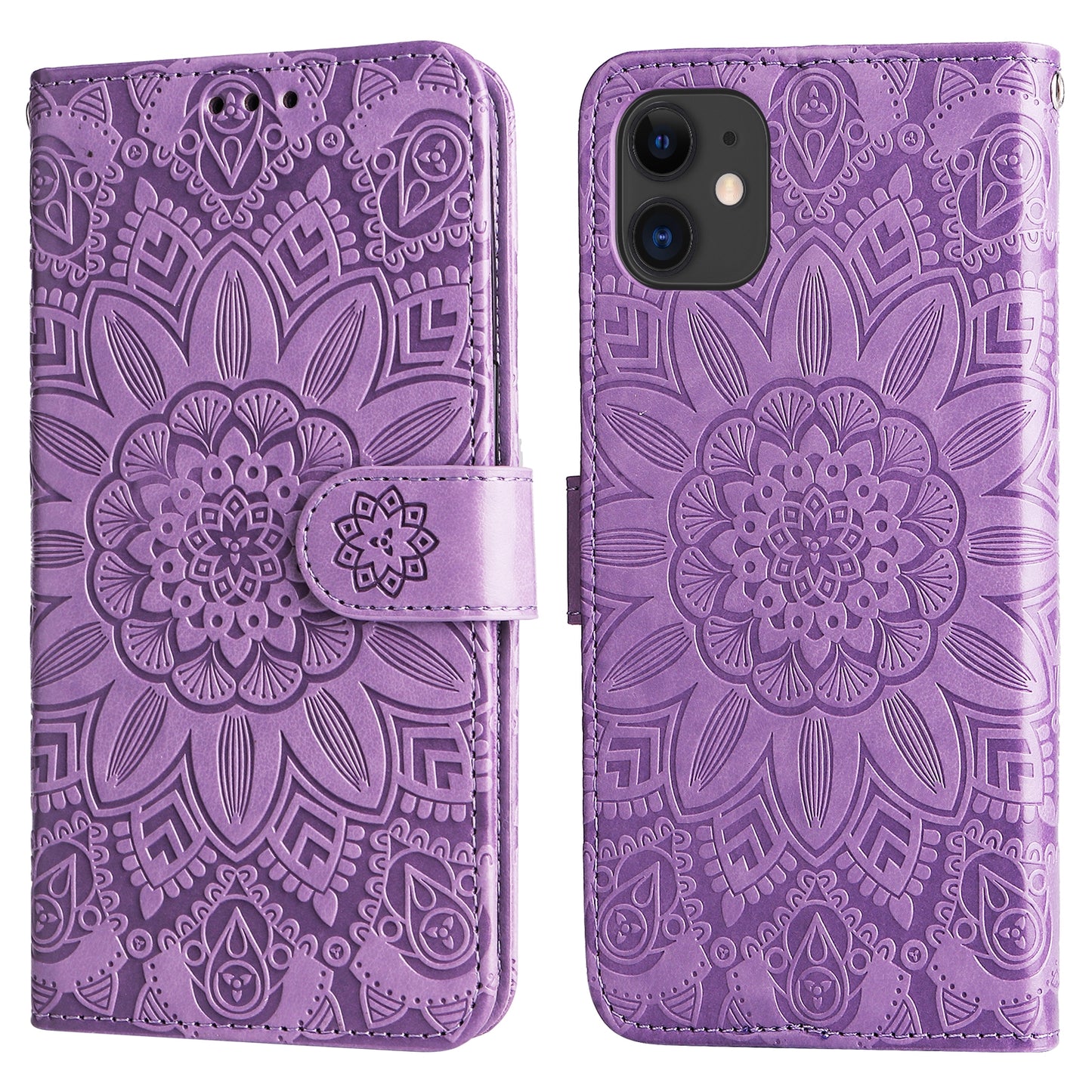 iPhone 11 Sunflower Embossed Leather Wallet Phone Case with Kickstand and Card Holder