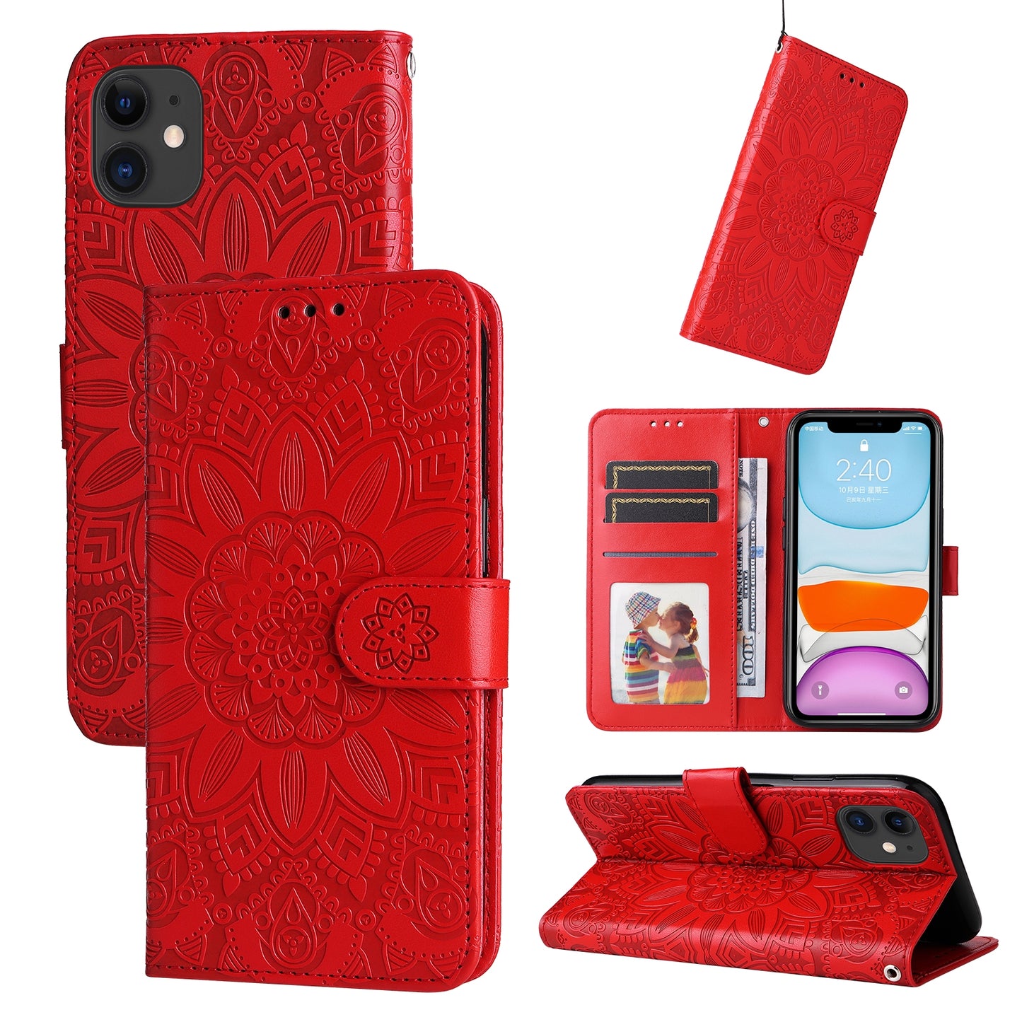 iPhone 11 Sunflower Embossed Leather Wallet Phone Case with Kickstand and Card Holder