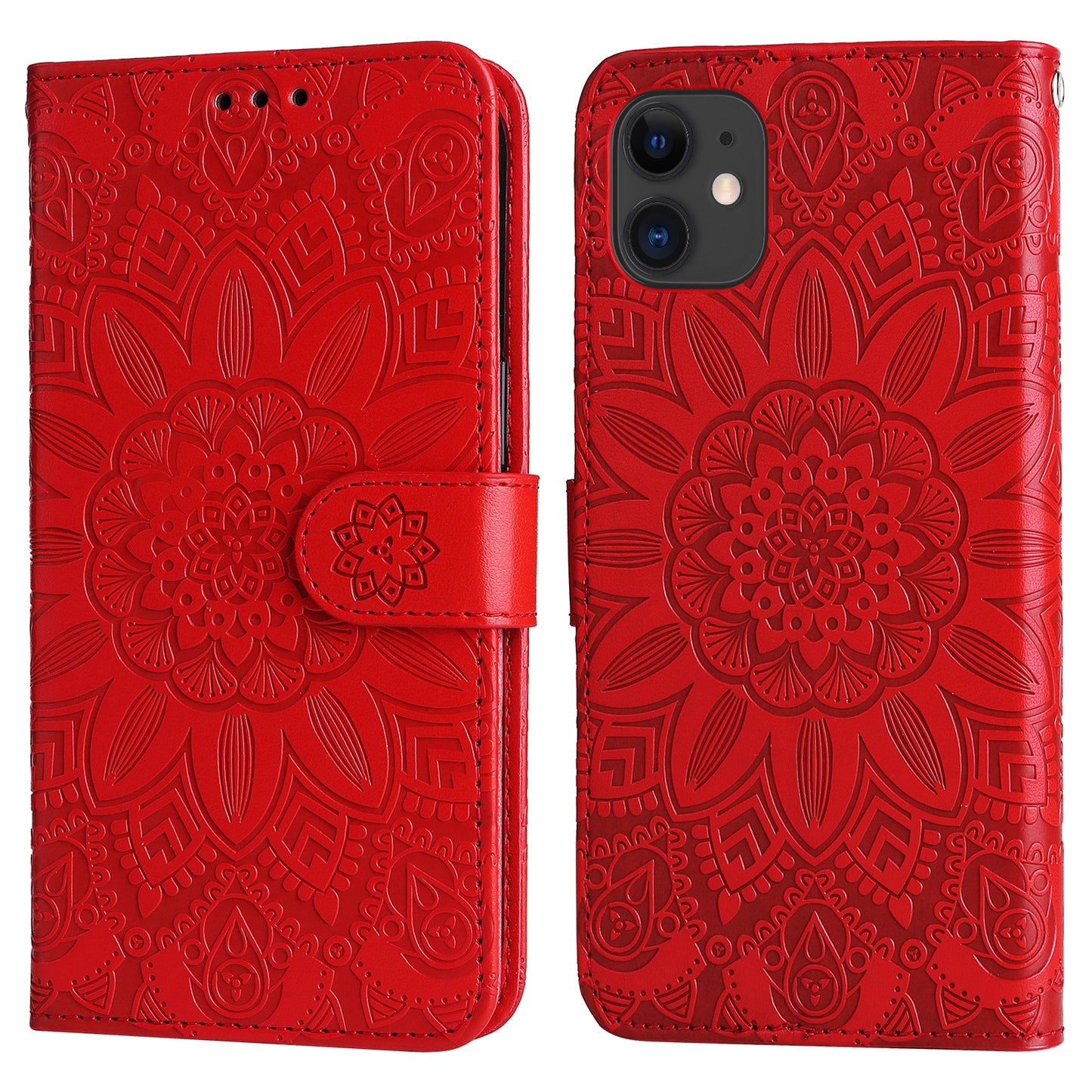 iPhone 11 Sunflower Embossed Leather Wallet Phone Case with Kickstand and Card Holder