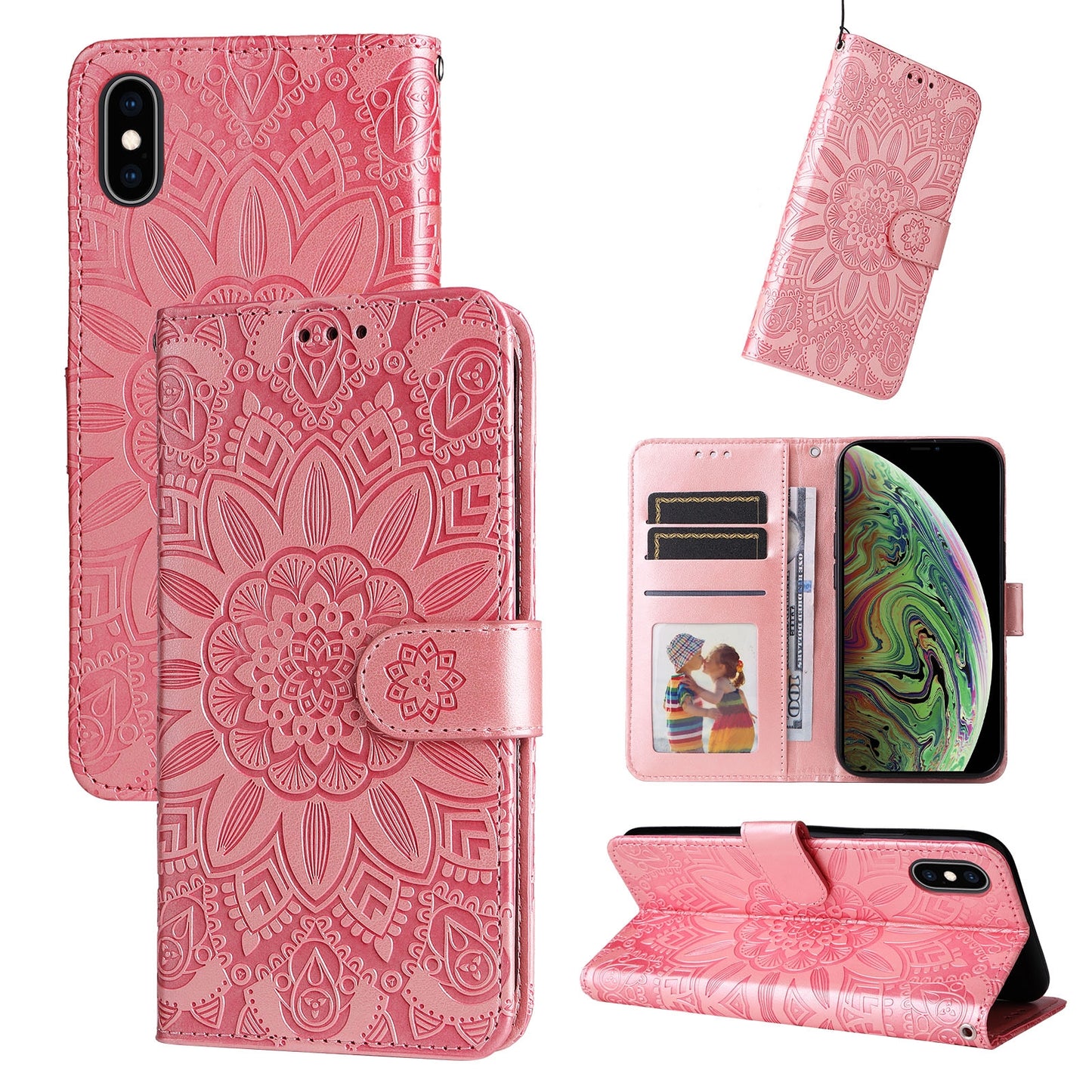 iPhone X Sunflower Embossed Leather Wallet Phone Case with Kickstand and Card Holder